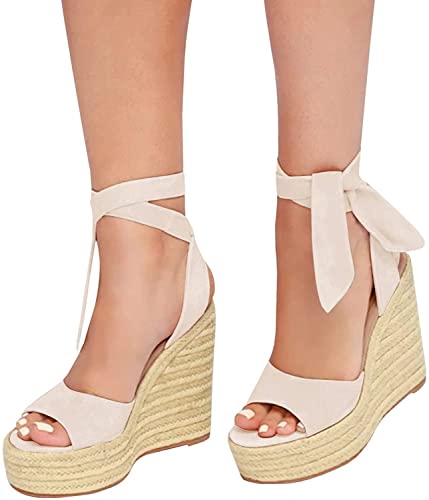 Image of SERAIH Womens Lace up Espadrilles Platform Wedges Sandals Heels Tie Ankle Strap Summer Dress Shoes