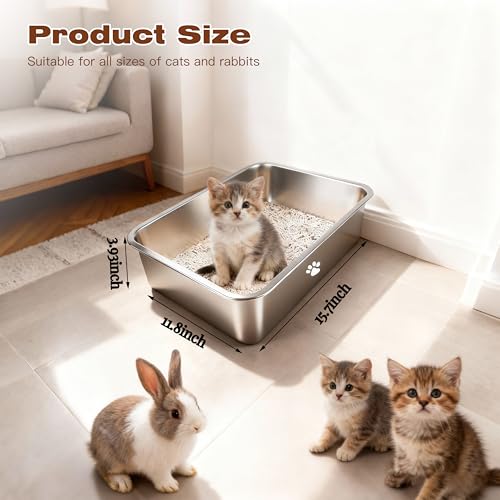 Caja de arena para gato de acero inoxidable, 15.7 x 11.8 x 3.9 pulgadas miniatura 2