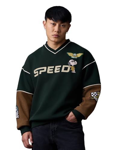 Image of The Souled Store Peanuts: Speed Club Men and Boys Full Sleeves V-Neck Dark Green and Brown Graphic Printed Applique Cotton Polyester Blend Oversized Fit Casual Sweatshirt