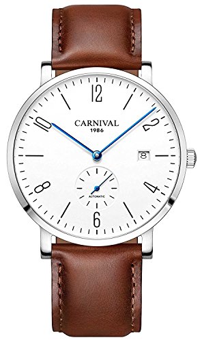 Image of MASTOP Mens Ultra-Thin White Dial Watches Leather Strap Fashion Waterproof High End Automatic Mechanical Watch