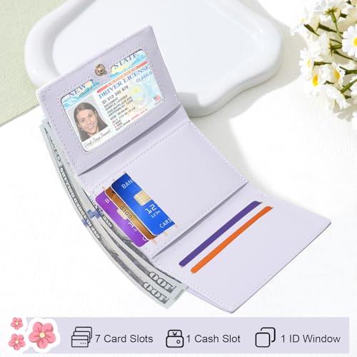 Small Wallet Floral Coquette Bow Wallet Cute Wallet ID 7 Credit Card Slots for Women Girls (PURPLE)2