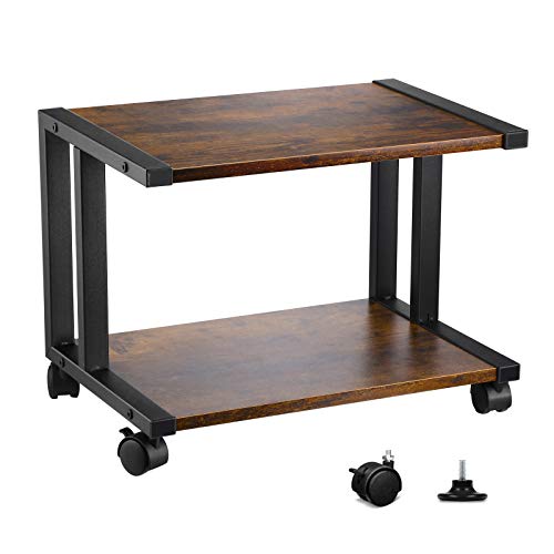 VANSPACE Desktop Printer Stand 2 Tier Wood Desk Storage Organizer Book Shelf, Under Desk Rolling Printer Cart for Fax Machine, Mobile Printer Stand with Swivel Wheels & Anti-Skid Feet, Vintage Brown