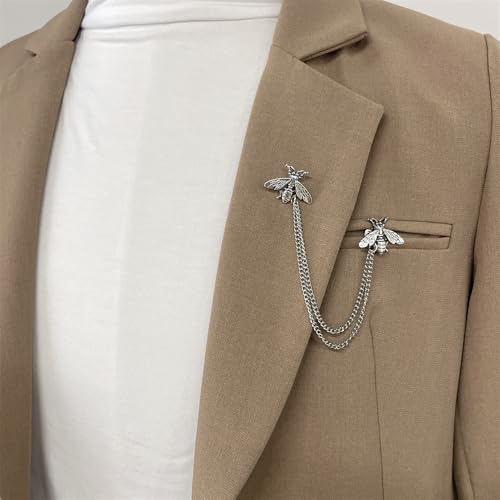 Image of Vintage Honey Bee Brooch for Women Men Silver /Gold-tone Cute Bee with Hanging Chain Tassel Animal Insect Lapel Pins Elegant Dress Accessories for Hat Bag Suit Tie Holiday Party Jewelry