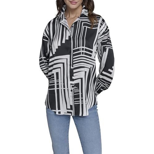 Karl Lagerfeld Paris Women's Oversized Printed Blouse, Black/Soft White Combo