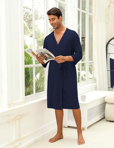Ekouaer Men's Lightweight Kimono Spa Robe Knit Bathrobe Soft Sleepwear 3/4 Sleeve Loungewear with Pockets S-XXL4