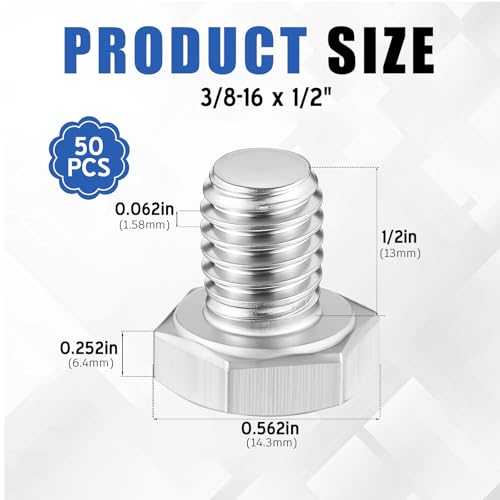 Image of Zonon 50 Pcs 3 /8-16 x 1 /2 inch Hex Head Screw Bolt 18-8 (304) Stainless Steel Hexagon Bolts, Fully Threaded, Plain Finish, External Hex Drive (Silver)