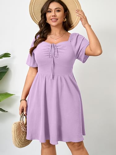 Image of RWJ Women Plus Size Summer Dress Short Sleeve Tie Front Sweetheart Neck Casual Mini Wedding Guest Dresses 2025