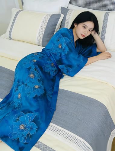 Image of Women's Classic 100% Silk Kimono Robe, Bathrobe-Printed Pattern