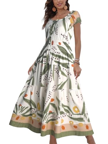 Image of Women's Boho Floral Maxi Dress, Short Sleeve Smocked Tiered Summer Casual Beach Dress