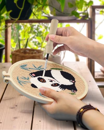 Image of TINDTOP Punch Needle Kits, Panda Punch Embroidery Kits for Adults | 3 Sets, Tool with Punch Needle Fabric, Hoops, Yarns and Sewing Needles