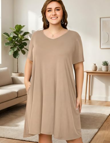 Image of OVERWORETY Womens Short Sleeve Plus Size T-Shirt Dress V Neck Casual Loose Swing A-Line Summer Tunic Dresses with Pockets