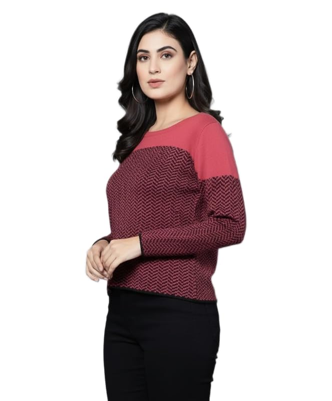Women's Knit Sweater: Stylish Color Block Chevron Design, Crew Neck, Long Sleeve - Rose Pink Maroon/Black Warm Winter Fashion-picture-12