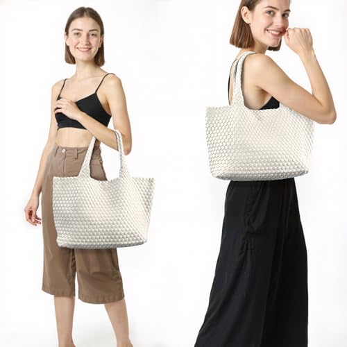 Image of Woven Tote Bag for Women, Large Vegan Leather Tote with Inner Pouch | Soft Woven Texture,Relaxed Style,Shoulder Tote Bag,Unstructured Tote,Casual Woven Handbag,Open Interior,Removable Pouch