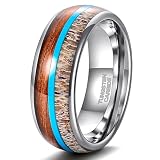 Tolldek Anillos para hombre de acero de tungsteno vintage, 8 mm, anillo de compromiso para hombre, grano de madera, diseño de madera turquesa, anillo de compromiso, resistente al agua, talla 52-70