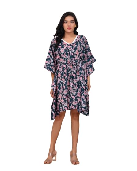 Women’s Floral Elegance Digital Print Kaftan Dress | V-Neck Flowy Lounge & Beach Wear | Stylish Relaxed Fit Midi Dress Dark Green-image-20