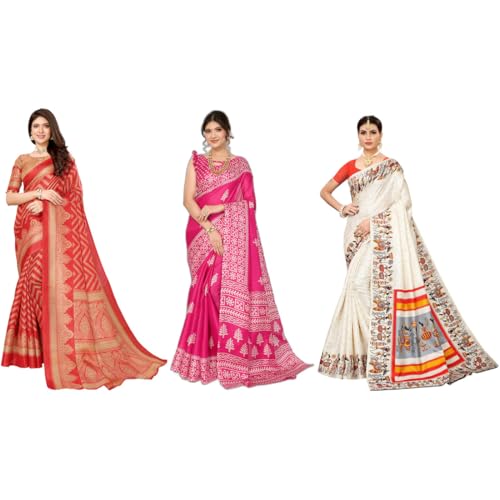 Image of Yashika Women's Sarees Women's Combo Art Silk Printed Saree With Unstitched Blouse Piece |saree for Women | saree combo | New Sari | Saree Pack Of 3