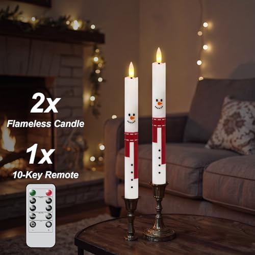 Image of Christmas Flameless Taper Candles with Remote Timer, 2 Pcs Snowman with Scarf LED Candlesticks with 3D Flickering Flame for Home Decor Christmas Gifts
