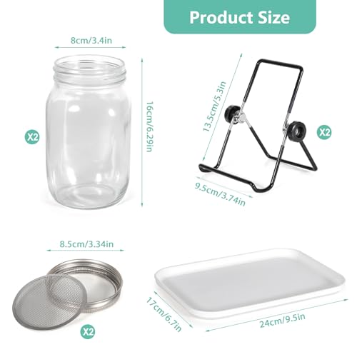 Cinnani Sprossenglas Keimglas 2er Set, 2 x 1000ml Sprossenglas mit 2 Edelstahl Deckel, 2 Einstellbare Halterung und 1 Tablett, Keimgerät Ideal für Alfalfa Brokkoli Radieschen Mungobohnen