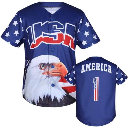 Kids USA Baseball Jersey Independence Day Shirt Patriotic Tshirts 4th of July Button Shirts #1 Blue