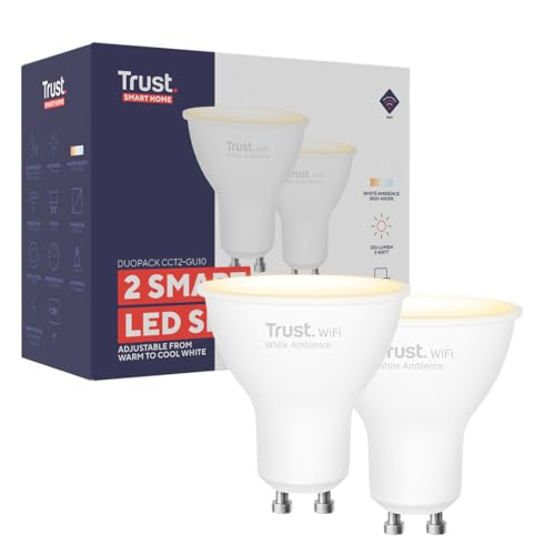 Trust WiFi GU10 Lampadina Smart, Lampadina LED Compatibile con Alexa e Google Nest, Lampadina Dimmerabile, Hub non Necessario, 2.4GHz Lampada WiFi, Faretto LED Bianca, Luce Fredda e Calda - 2 Pezzi