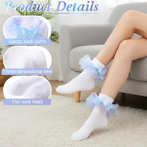 Image of Geyoga 3 Pairs Women Big Ruffle Socks Turn Cuff, Double Lace Ankle Cotton Frilly Socks for Ladies Summer