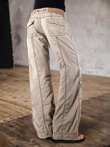 Flamingals Drawstring Cargo Pants for Women Baggy Mid Rise Straight Leg Stitch Detail Casual Pants3