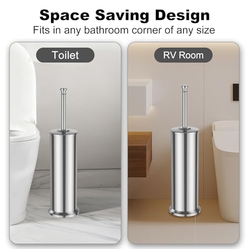 Image of Silver Toilet Brush and Holder,Long Handled Gold Toilet Brush for Bathroom,Stainless Steel Heavy Duty Toilet Bowl Brush,Removable Inner Bowl,Deep Cleaning Dense Bristles Cleaner Brush -Space Saving