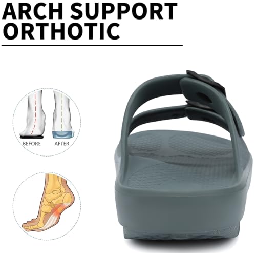 Kricely Women and Men Wide Width Recovery Sandals Plantar Fasciitis Arch Support Orthotic Slides Adjustable Double Buckle Thick Sole Slippers（Grey Women 7-7.5 Men 5-6）2