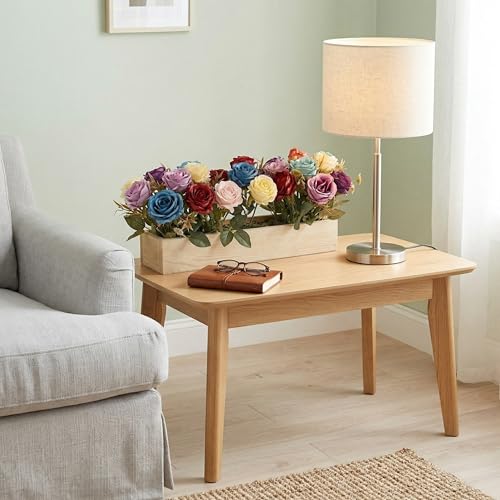 Image of Dekorly Artificial Multi Color Roses Flower Arrangement with Wooden Planter (24 CM) | Premium Realistic Floral Decor for Table & Living Room | Stylish Indoor Decor for Living Room
