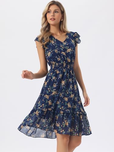 Image of Allegra K Women's Floral Dress Spring Summer V Neck Flutter Sleeve Ruffle Casual Smocked Knee Length Dresses