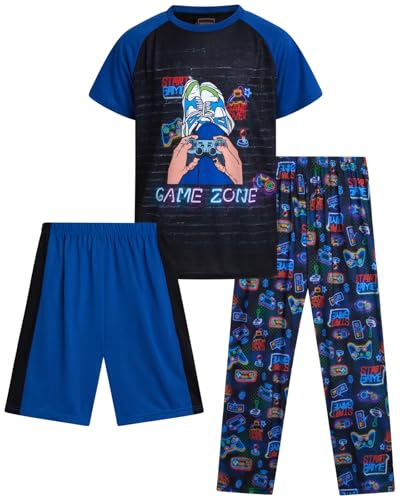 Quad Seven Boys Pajamas Set - 3 Piece Short Sleeve Sleep Shirt Pull On Lounge Shorts and Boys Pajama Pants for Kids (8-18), Size 12-14, Blue Gamer