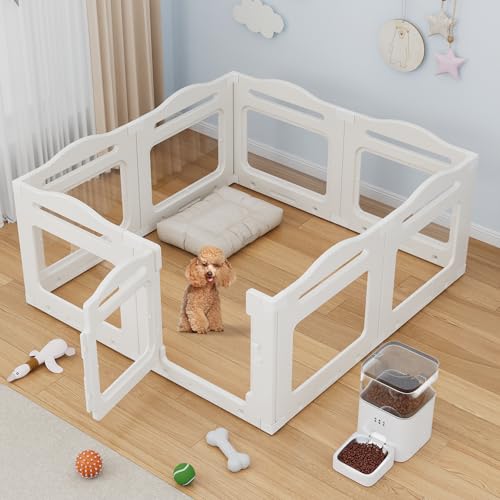 Clevich Recinto per Cani da Interno in Acrilico 60cm, 7 PCS +1 Pannelli con Porta a Chiusura, Recinto per Cani Pieghevole con Ventose, Parco adatto per Appartamento, Bianco
