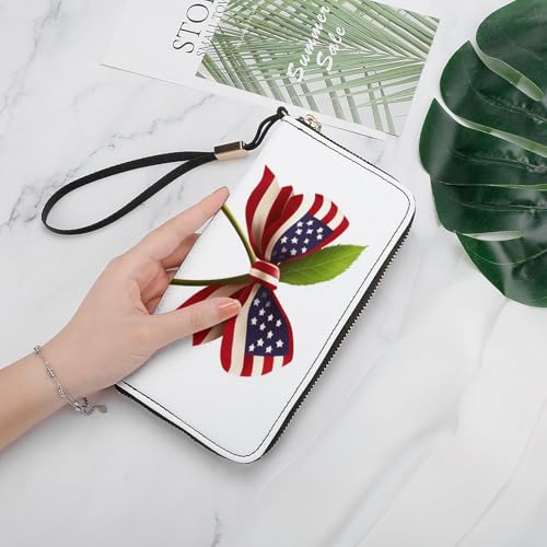 Red Cherries with An American Flag Bow PU Leather Clutch Long Bifold Wallet, Coin Purse Credit Pass Case, Durable Card-Holder Money Storage for Women Men4