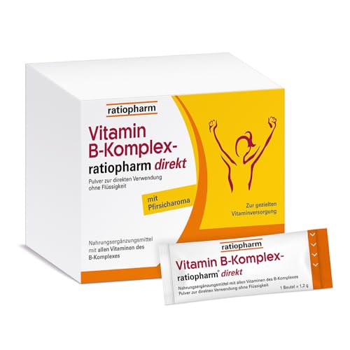 Vitamin B-Komplex-ratiopharm direkt: Alle 8 B-Vitamine auch für Vegetarier. Direktpulver mit Pfirsichgeschmack ohne tierische Inhaltsstoffe bei Mehrbedarf an B-Vitaminen, 40 Beutel