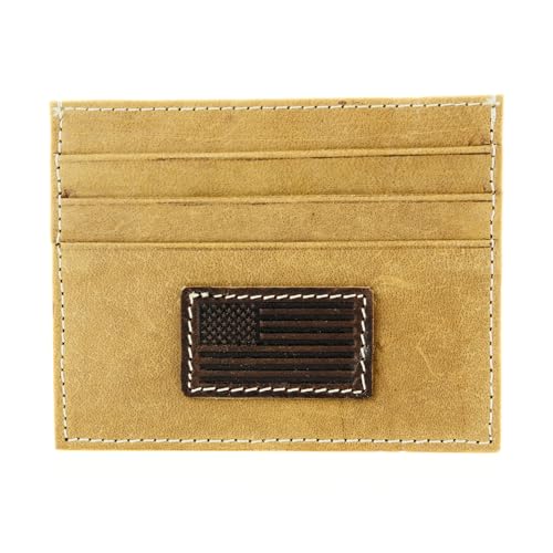 American Bison Men’s Leather Credit Card Holder – Embossed American Flag Slim Wallet with ID Window, 3 Card Slots, Slide Pocket – Wooden Gift Box (Tan)