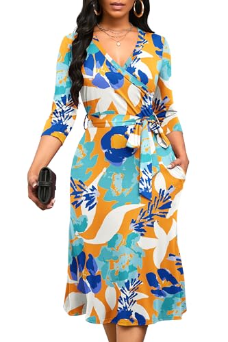 Runwind Women's Midi Dress,3/4 Sleeves V Neck Cocktail Party Dress Curvy Wrap Sexy Geometric Pattern Dresses with Belt