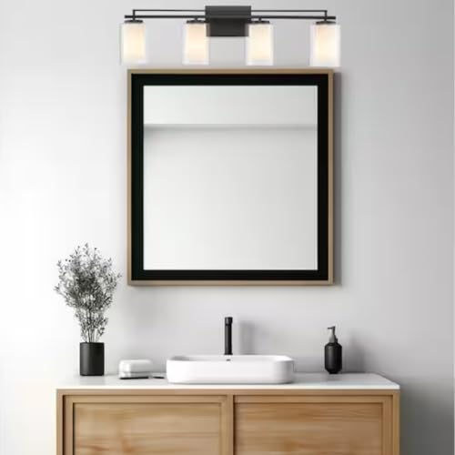 Image of TRANS GLOBE 22484 BK I Lisbon Collection 32 Inch Four-Light Bathroom Vanity - in a Black Finish | Metal Housing I Clear & Frosted Shades I Modern Contemporary Light Fixture |