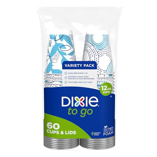 Dixie To Go Disposable Paper Cups with Leak-Resistant Lid 12 oz 60 Count
