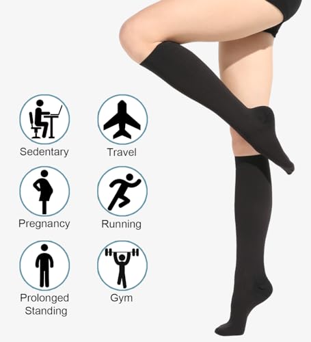2 Pares Medias de Compresión Mujer y Hmbre Médicas Circulacion, 20-30 mmHg Clase 2, Calcetines Compresion para Varices, Edema, Vuelo (Negro+Beige, L) - imagen 8