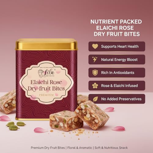 Image of LILA DRY FRUITS Dry Fruit Bites 200 g (10 Pieces) Rose Cashew Dry Fruits Barfi Mithai Cashew Almond Dates Gulkand Sweets | Healthy Sweet Snack Premium Festive Gift Dry Fruit Bytes Perfect for Gifting
