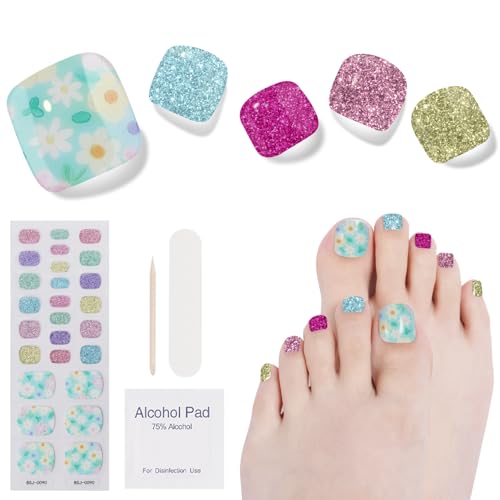 DUKASOU Semi Cured Gel Pedicure Strips, Summer Swimming Pool | 26 PCS Gel Nail Strips Works with Any UV Light, Salon Quality Nails Stickers，Easy to Apply & Remove