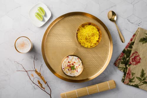 Raj Gharana Metals Pure Kansa (Bronze) Dinner Set (Thali Set) - 6 Pcs Kansa Utensils Set - 1 Dish (Platter) Dai 12 Inch, 2 Bowl (Katori), 1 Sweet Dish, 1 Glass(Tumbler 200Ml), 1 Spoon - Ideal Gift #TOP3