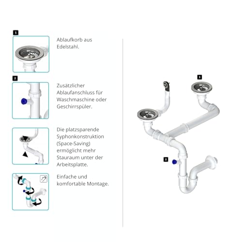 Siphon pour évier de cuisine double cuve peu encombrant avec bonde et trop-plein
