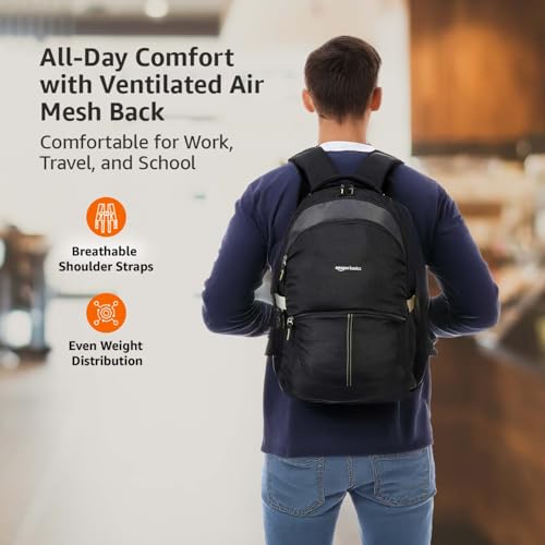 Image of Amazon Basics Casual 29L Backpack with Padded Laptop Sleeve | Backpack for Men & Women | Rain Cover Included | 3 Compartments | Travel Bag for Boys & Girls | (Black)