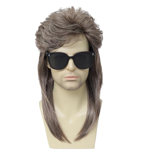 Image of 80s Mullet Wig for Men - Retro 70s 80s Disco Rocker Curly Punk Fancy Dress Halloween Cosplay Costume Wig (Light Brown)