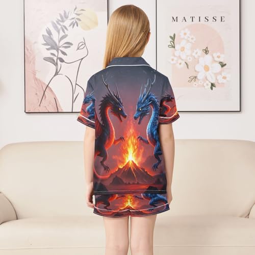 ALAZA Red Blue Dragon Satin Pajamas Set Short Sleeve Button Down Sleepwear Summer Pjs 2 Piece4