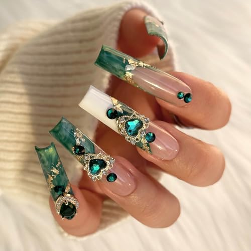 Real Gel Handmade Emerald Marble Halo Luxury Diamond French PressOn Nails Gems Coffin Fake Nails With Designs Glossy False Nails for Women and Girls (Emerald-XS) miniatura 1