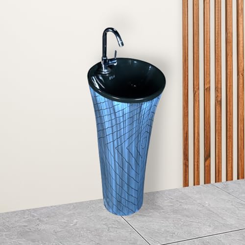 Image of Clay Plus Premium Grade Ceramic's Designer Damru Free Standing Designer Wash Basin,Elegent Look (Blue)