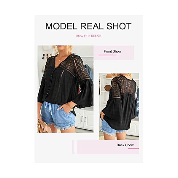 Canikat Women's Fashion Fall Bell Long Sleeve Button Down Tops V Neck Lace Hem Basic Tee Shirts Chiffon Flowy Blouses Black L