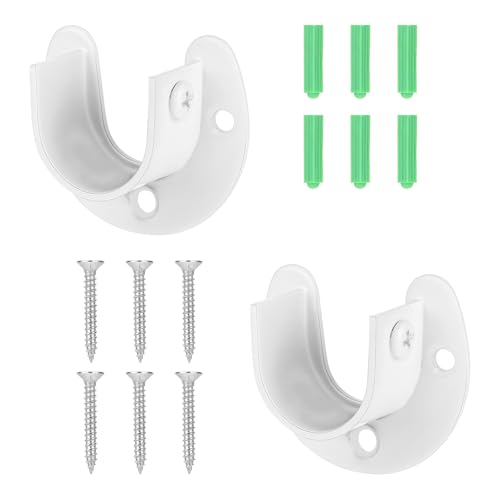 2 Packungen Edelstahl-Endstützen für Kleiderstangen, 34 mm weiß Durchmesser Robuste Kleiderstangenbuchsen Öffnungsflansch Stangenhalter U-förmige Kleiderschrankhalterung mit Schrauben für Kl